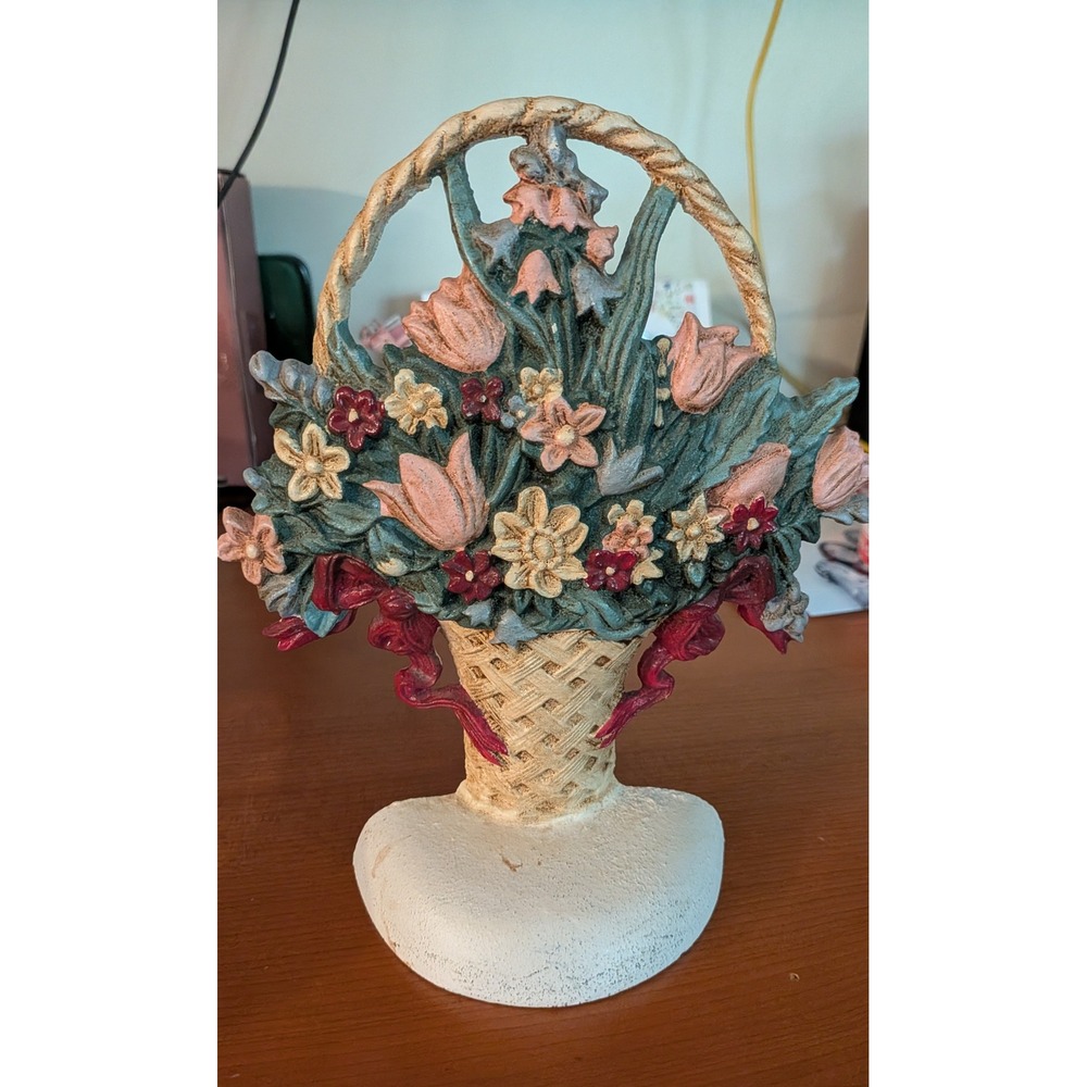 Vintage Cast Iron Floral Doorstop Flower Basket English Cottage Core